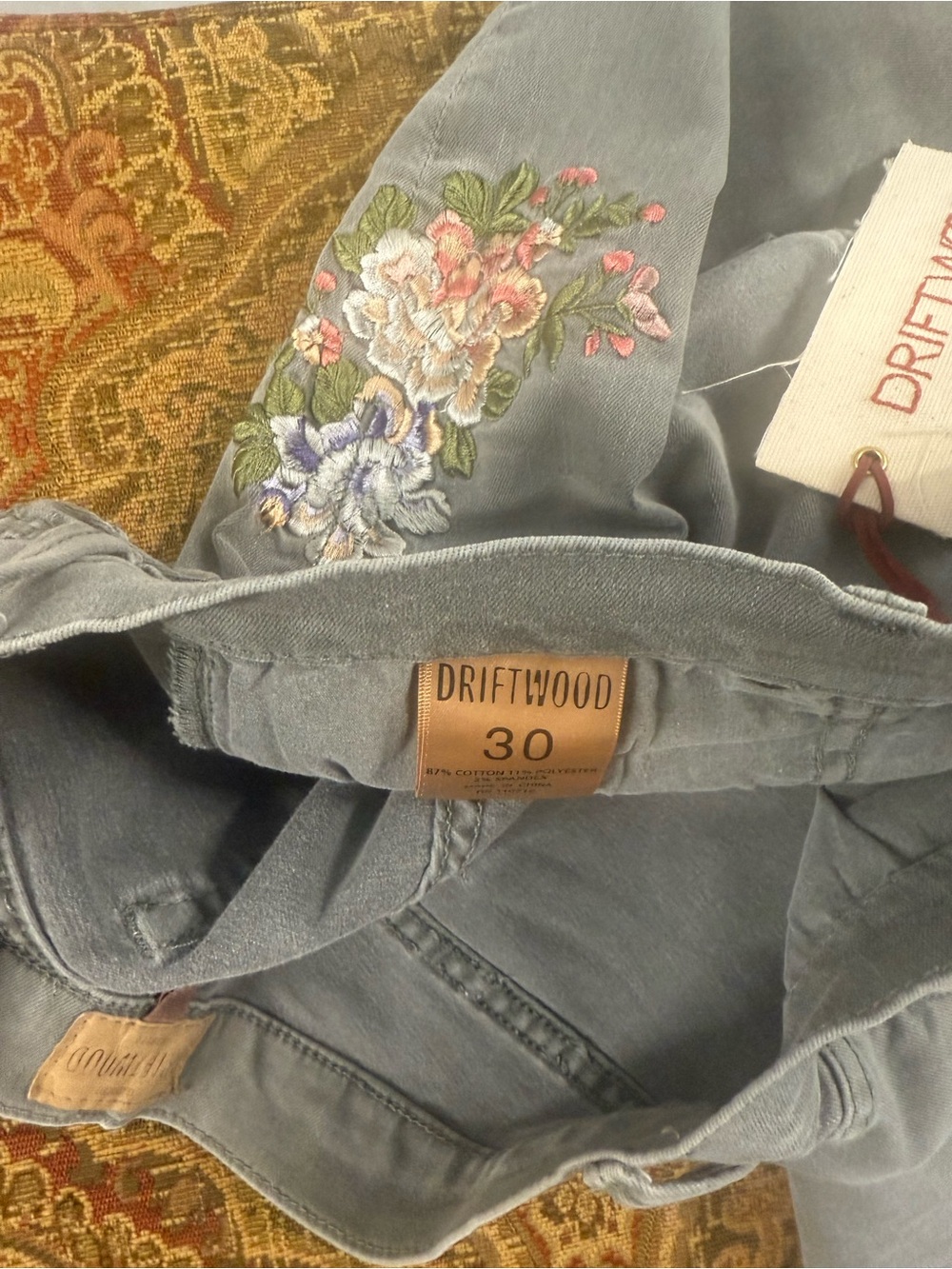 DRIFTWOOD Light Gray Straight Leg Jeans with Pink & Green Floral Embroidery - Picture 5 of 7